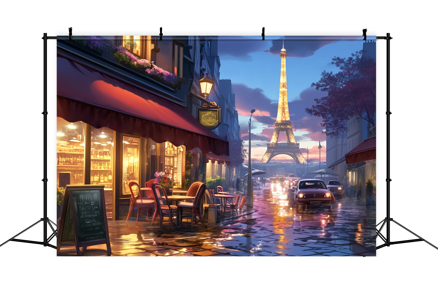 Paris-Fotohintergrund Pariser Straßencafé-Lichter Eine Nacht in Paris-Fotohintergrund LXX59-31