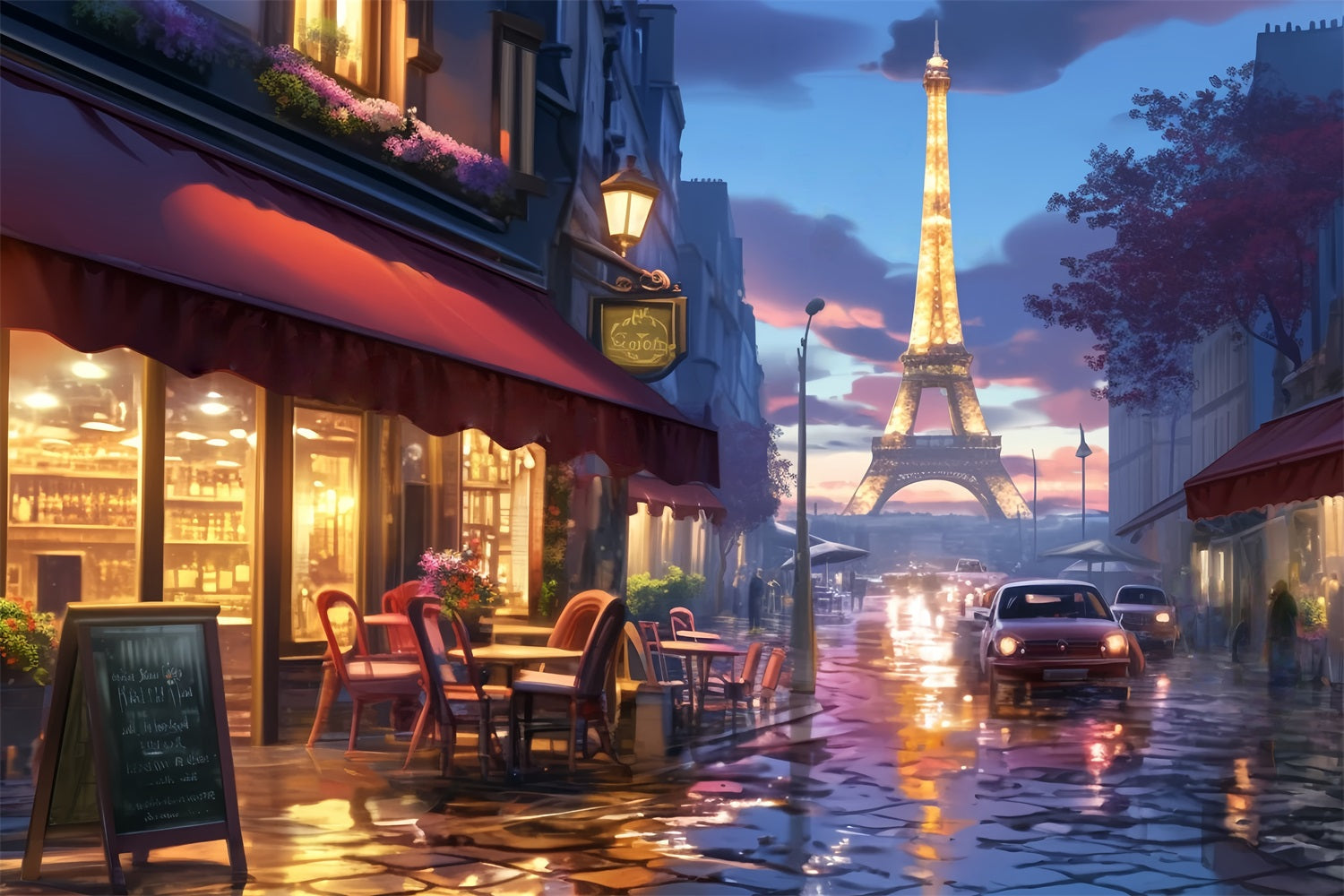 Paris-Fotohintergrund Pariser Straßencafé-Lichter Eine Nacht in Paris-Fotohintergrund LXX59-31