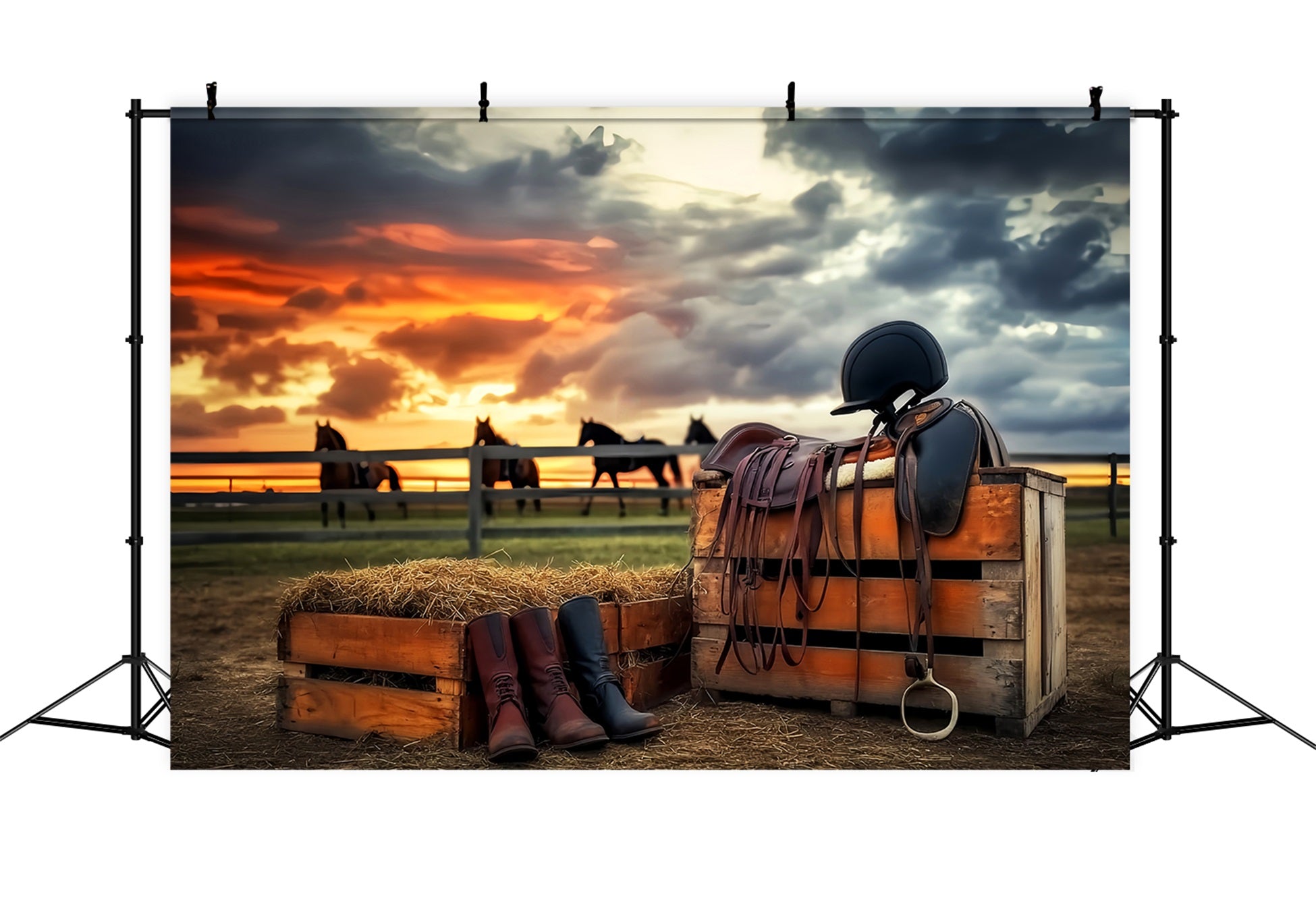 Sport-Fotohintergrund Reitsport Sonnenuntergang Reitausrüstung Sport-Studiohintergründe LXX59-312