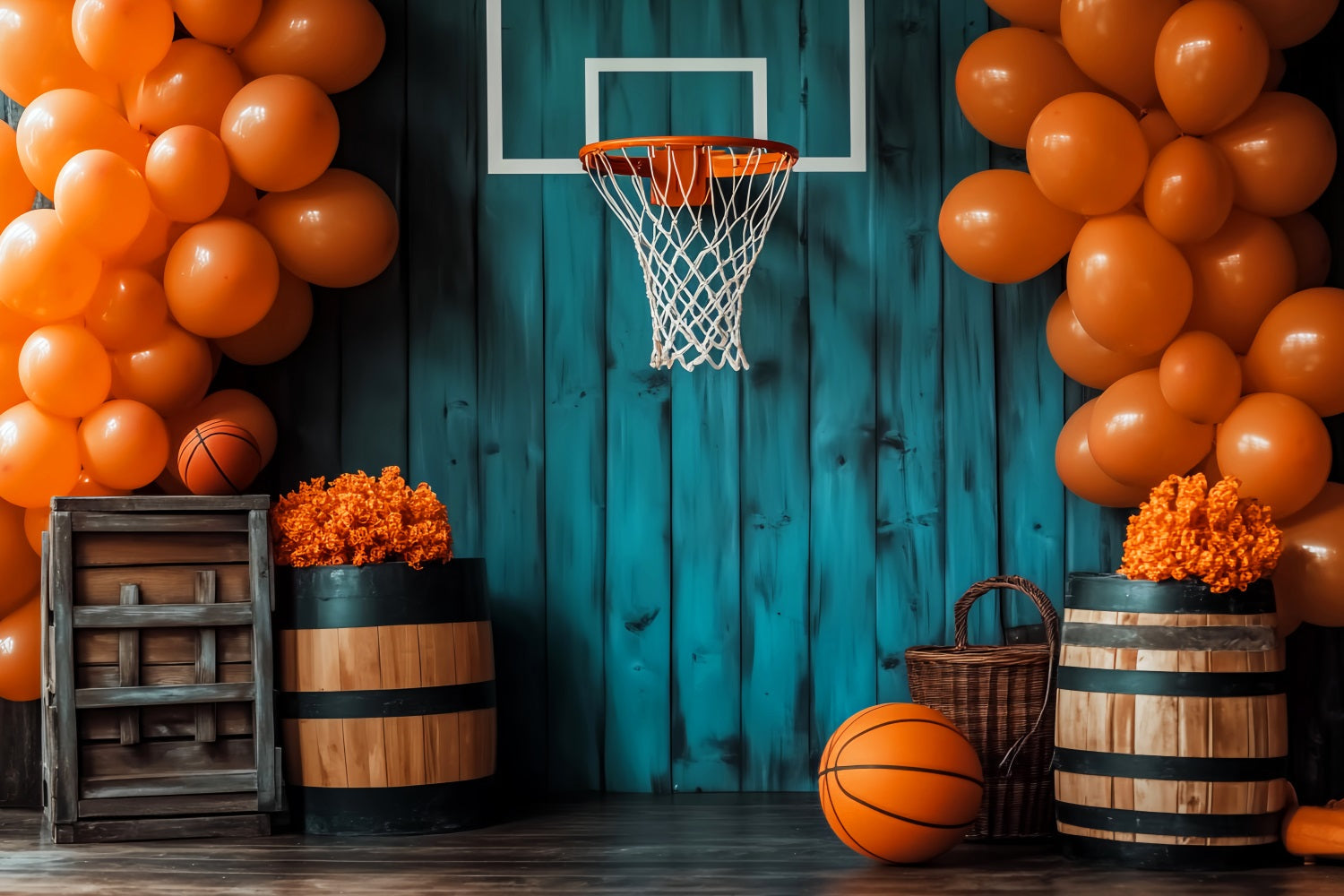 Sport-Fotohintergrund Rustikaler Basketballkorb Ballons Basketball-Fotohintergrund LXX59-313