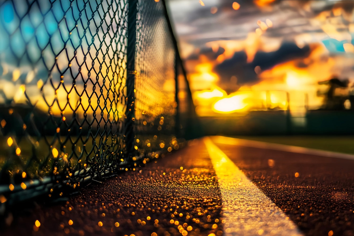 Sport-Fotohintergrund Sonnenuntergang, Tennisplatz, Kettenzaun Sport-Studiohintergründe für die Fotografie LXX59-320