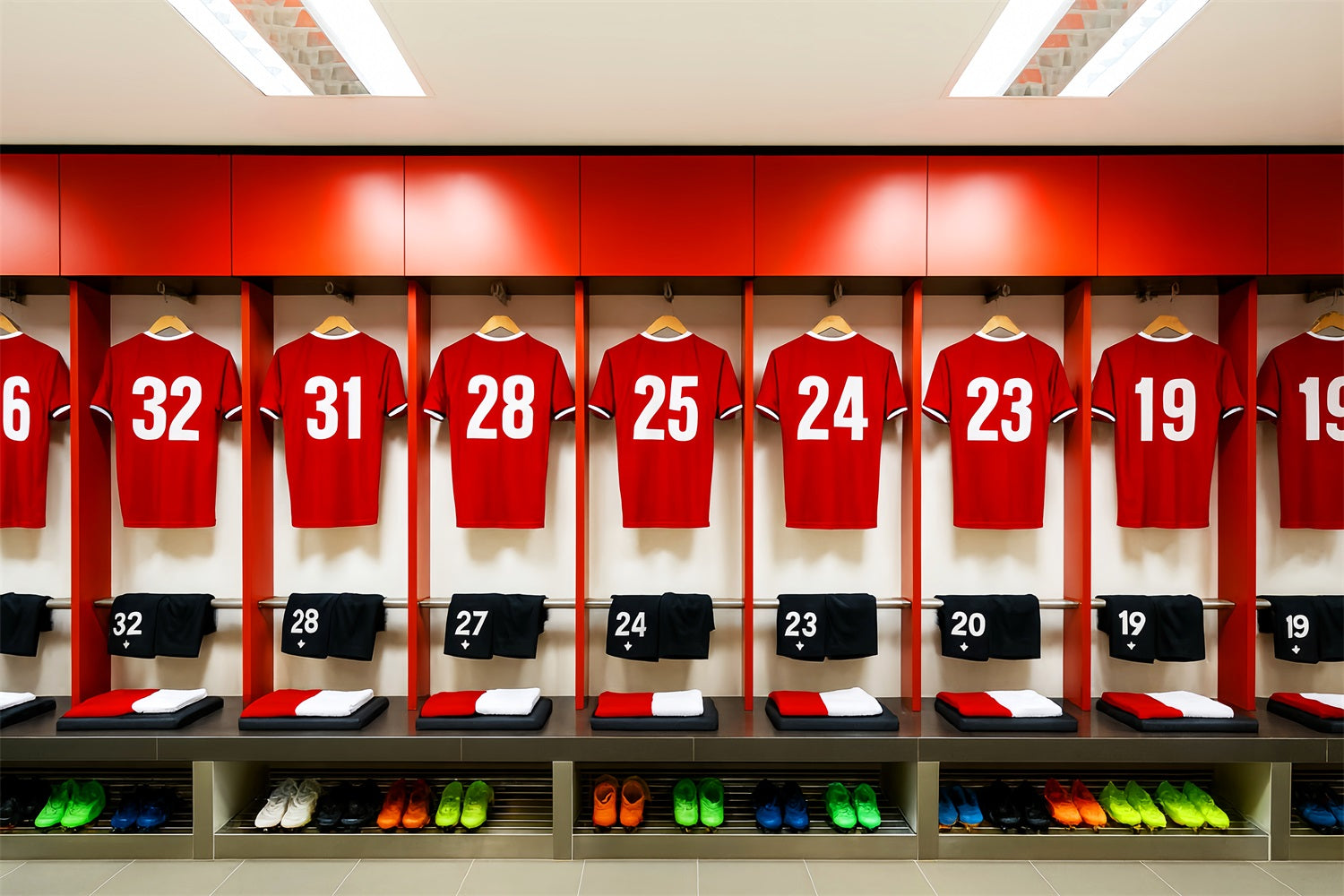 Fußball-Studiohintergründe Rote Trikots Umkleideraum-Reihe Sport-Studiohintergründe LXX59-325