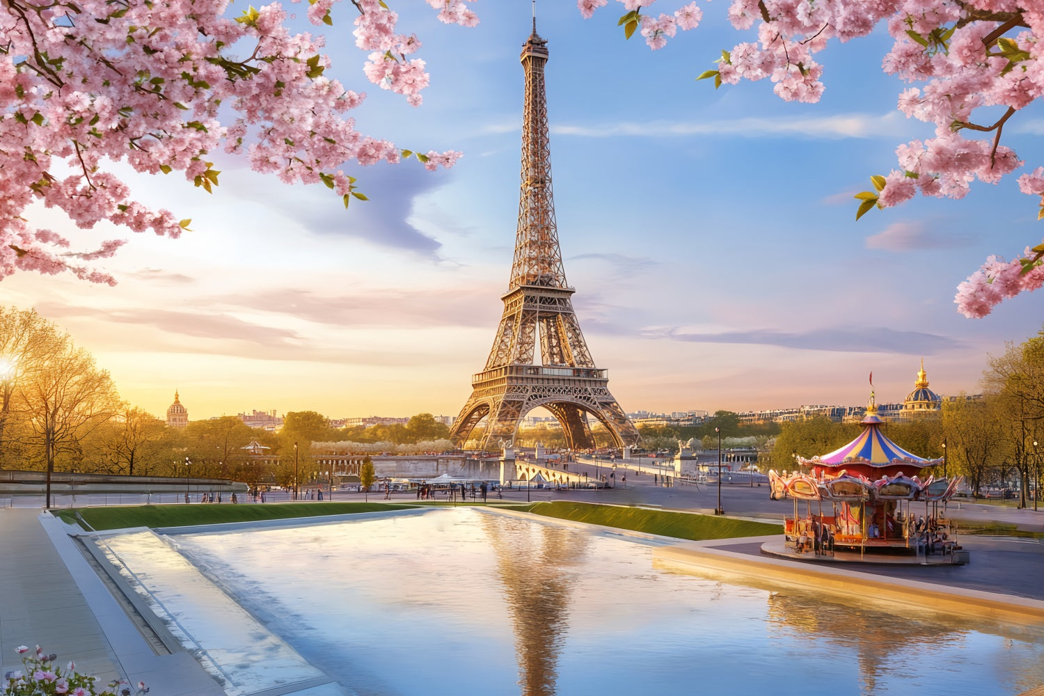 Französische Stadt Eiffelturm Blütenkarussell Paris-Fotohintergrund LXX59-33