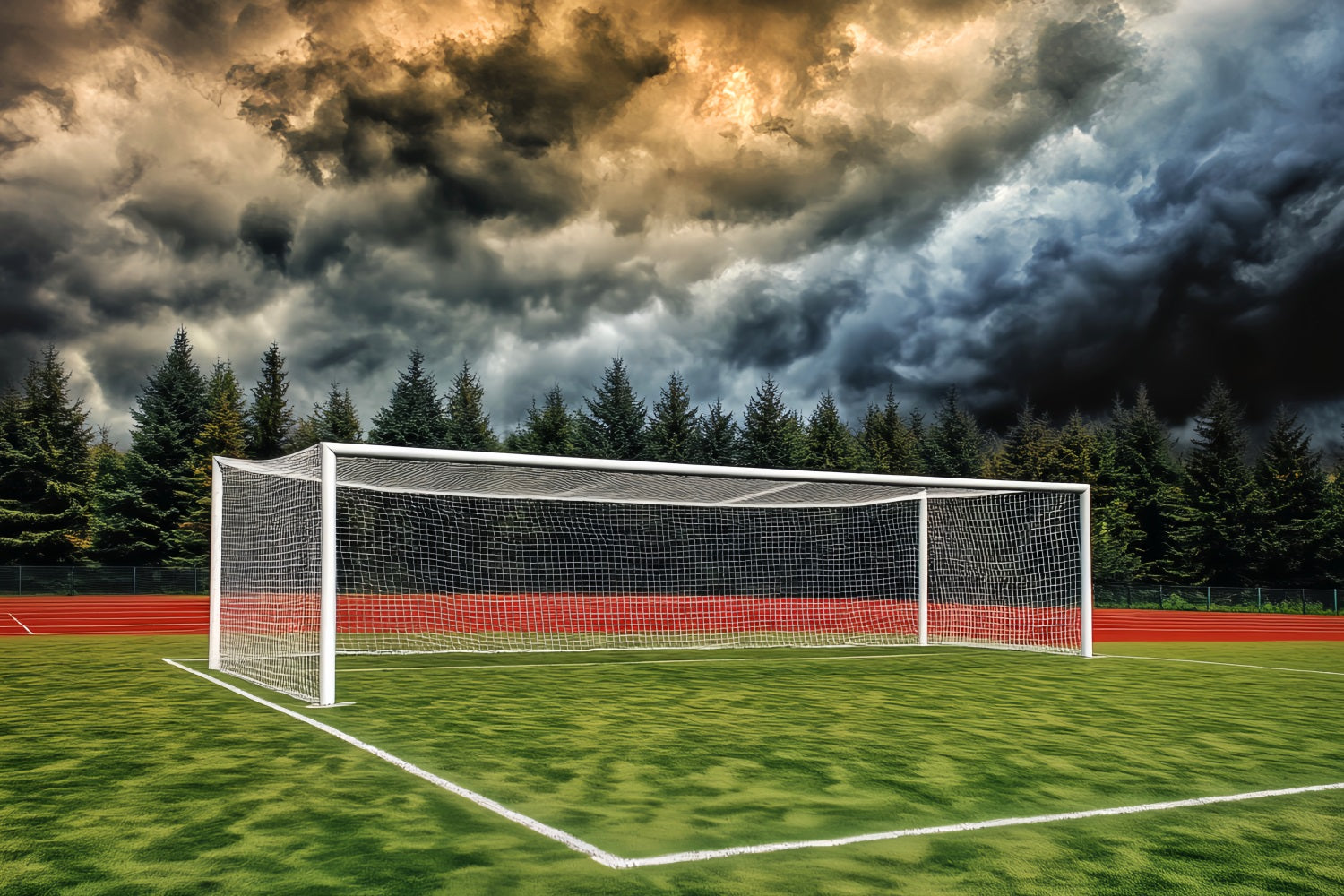 Fußball-Studiohintergründe Stürmischer Himmel Fußballtor Fußballfeld-Fotohintergrund LXX59-332