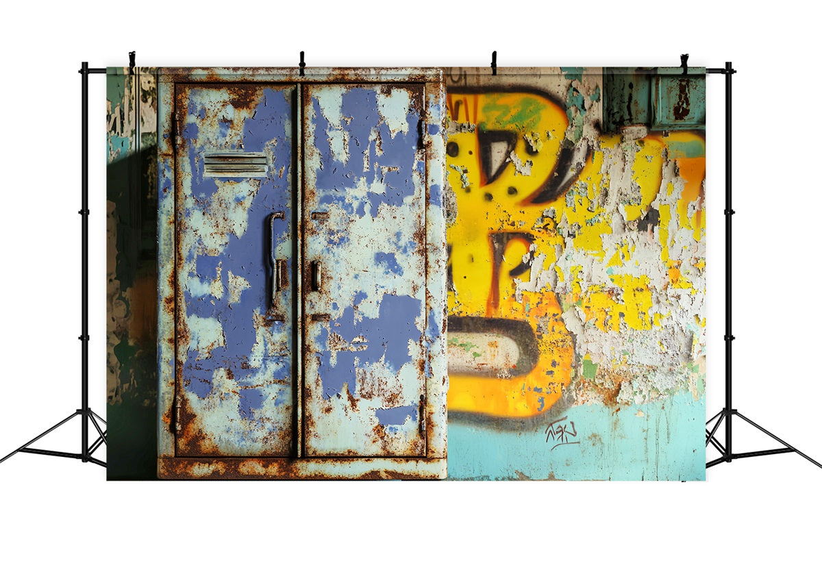 Sport-Fotohintergrund Rostiger blauer Spind Graffiti Sport-Studiohintergründe für Fotografie LXX59-346