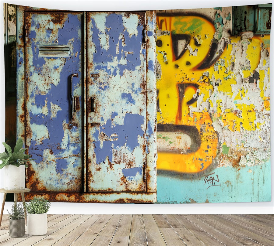 Sport-Fotohintergrund Rostiger blauer Spind Graffiti Sport-Studiohintergründe für Fotografie LXX59-346