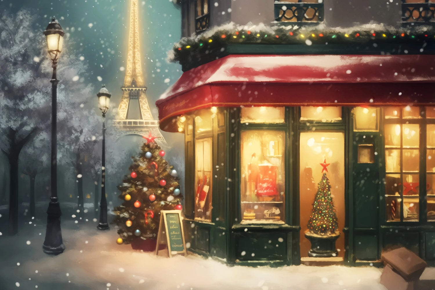 Paris Straßenhintergründe Verschneite Weihnachtsnacht Eiffelturm Paris Fotohintergrund LXX59-38