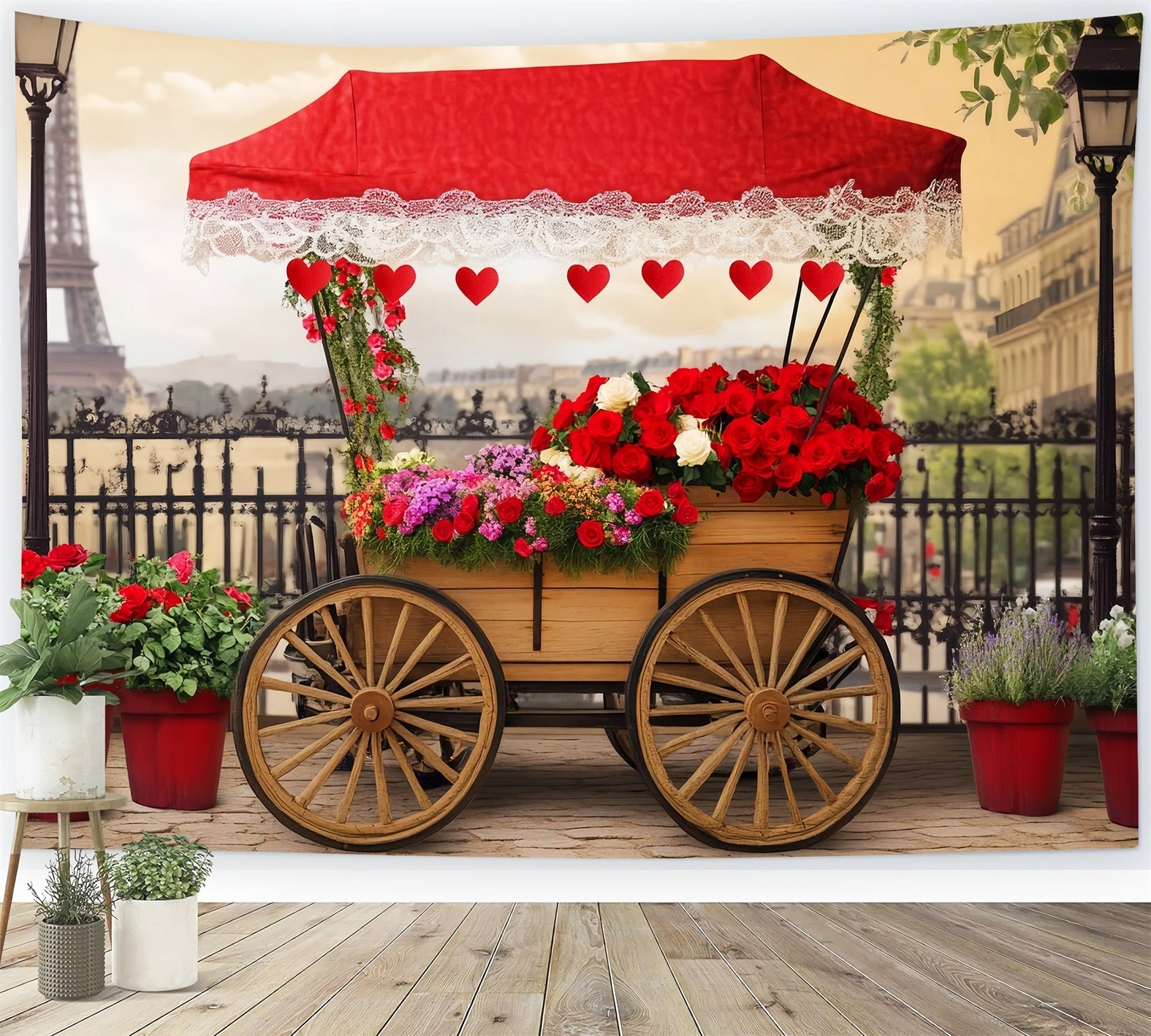 Paris Straßenhintergründe Romantischer Blumenwagen Paris Fotohintergrund für Fotos LXX59-42