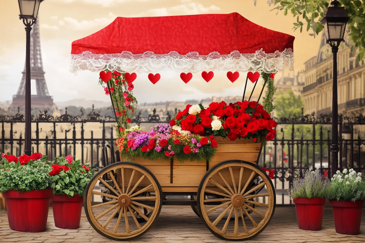 Paris Straßenhintergründe Romantischer Blumenwagen Paris Fotohintergrund für Fotos LXX59-42