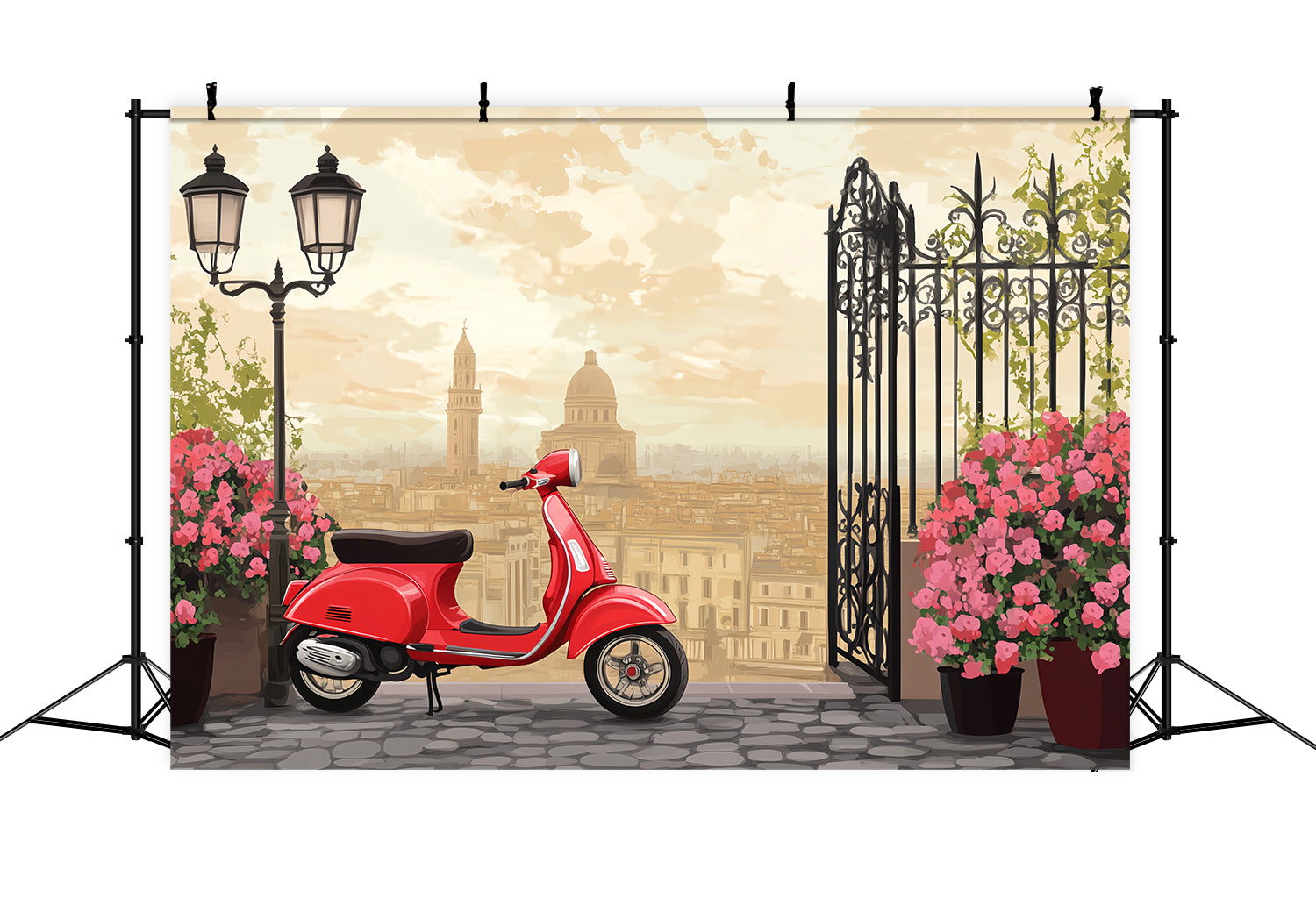 Paris-Straßenkulissen Vintage-roter Roller Stadtterrasse Europäische Kulisse LXX59-43