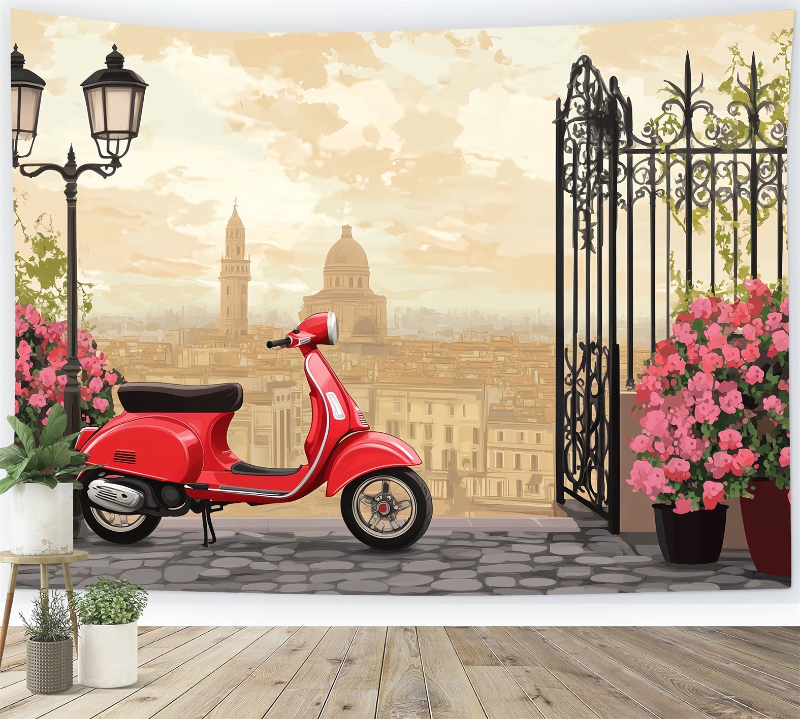 Paris-Straßenkulissen Vintage-roter Roller Stadtterrasse Europäische Kulisse LXX59-43