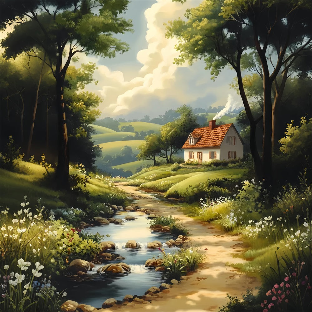 Europa-Fotohintergrund Landhaus Flussweg Pariser Hintergründe LXX59-49