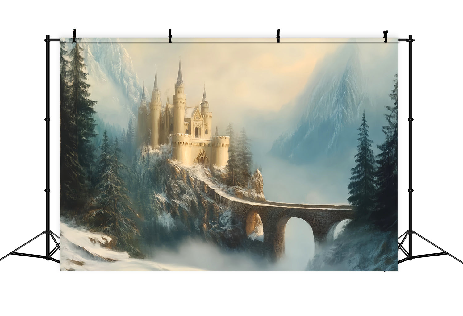 Europa-Fotohintergrund Nebelverhangenes Schloss Bergbrücke Europäischer Fotohintergrund LXX59-52