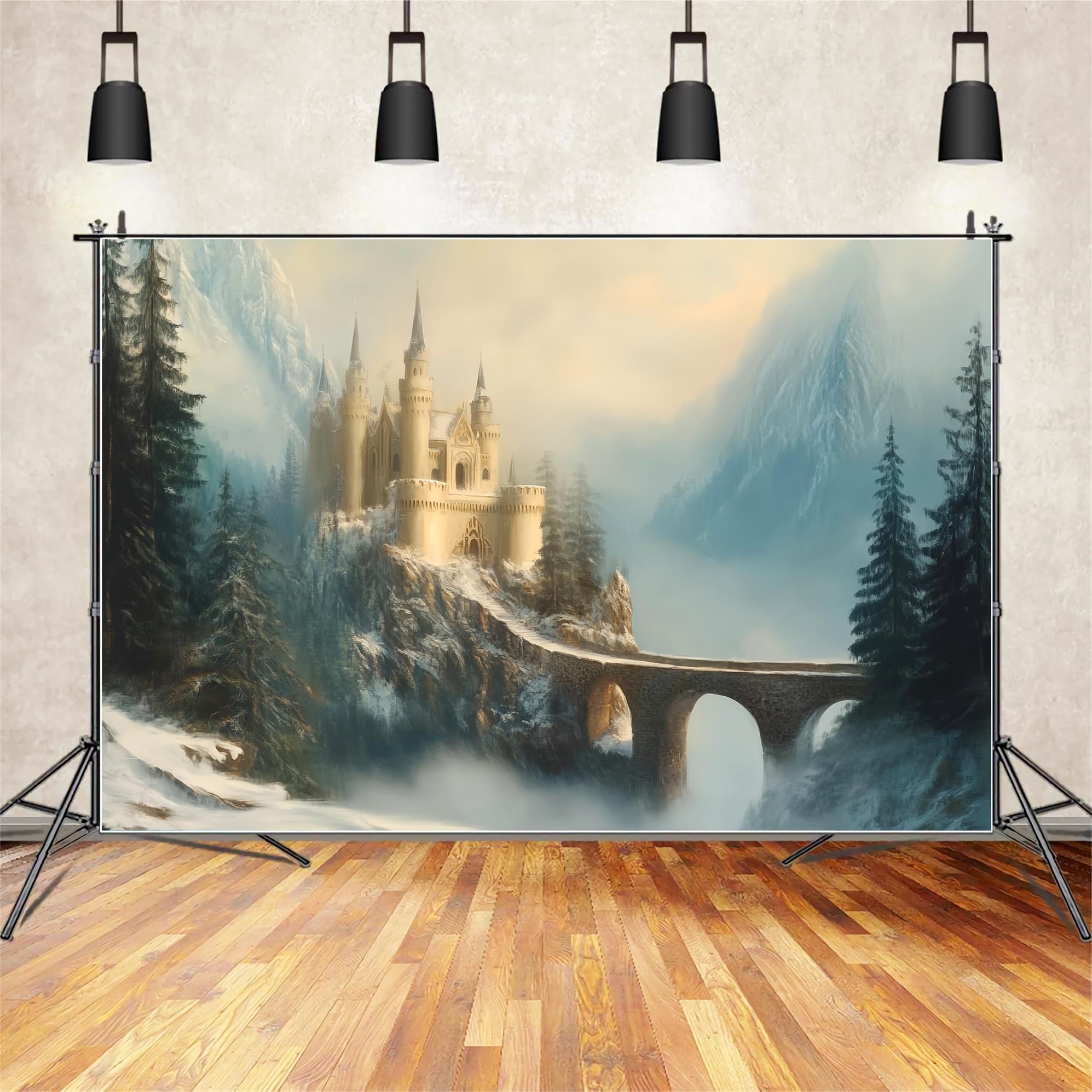 Europa-Fotohintergrund Nebelverhangenes Schloss Bergbrücke Europäischer Fotohintergrund LXX59-52