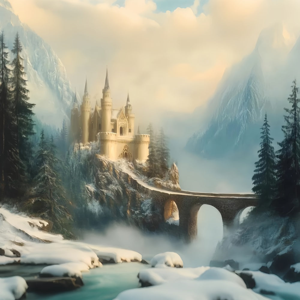 Europa-Fotohintergrund Nebelverhangenes Schloss Bergbrücke Europäischer Fotohintergrund LXX59-52