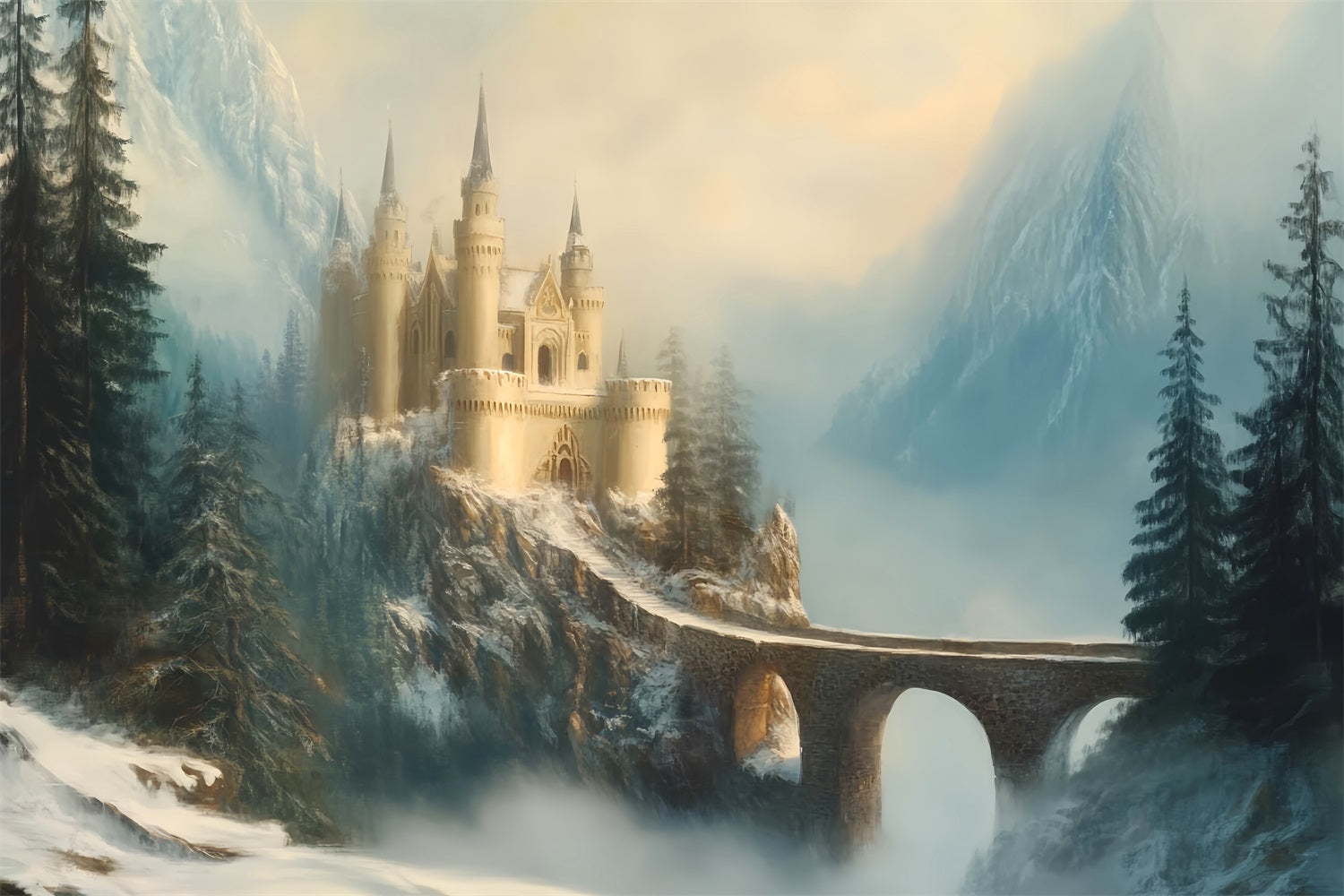 Europa-Fotohintergrund Nebelverhangenes Schloss Bergbrücke Europäischer Fotohintergrund LXX59-52