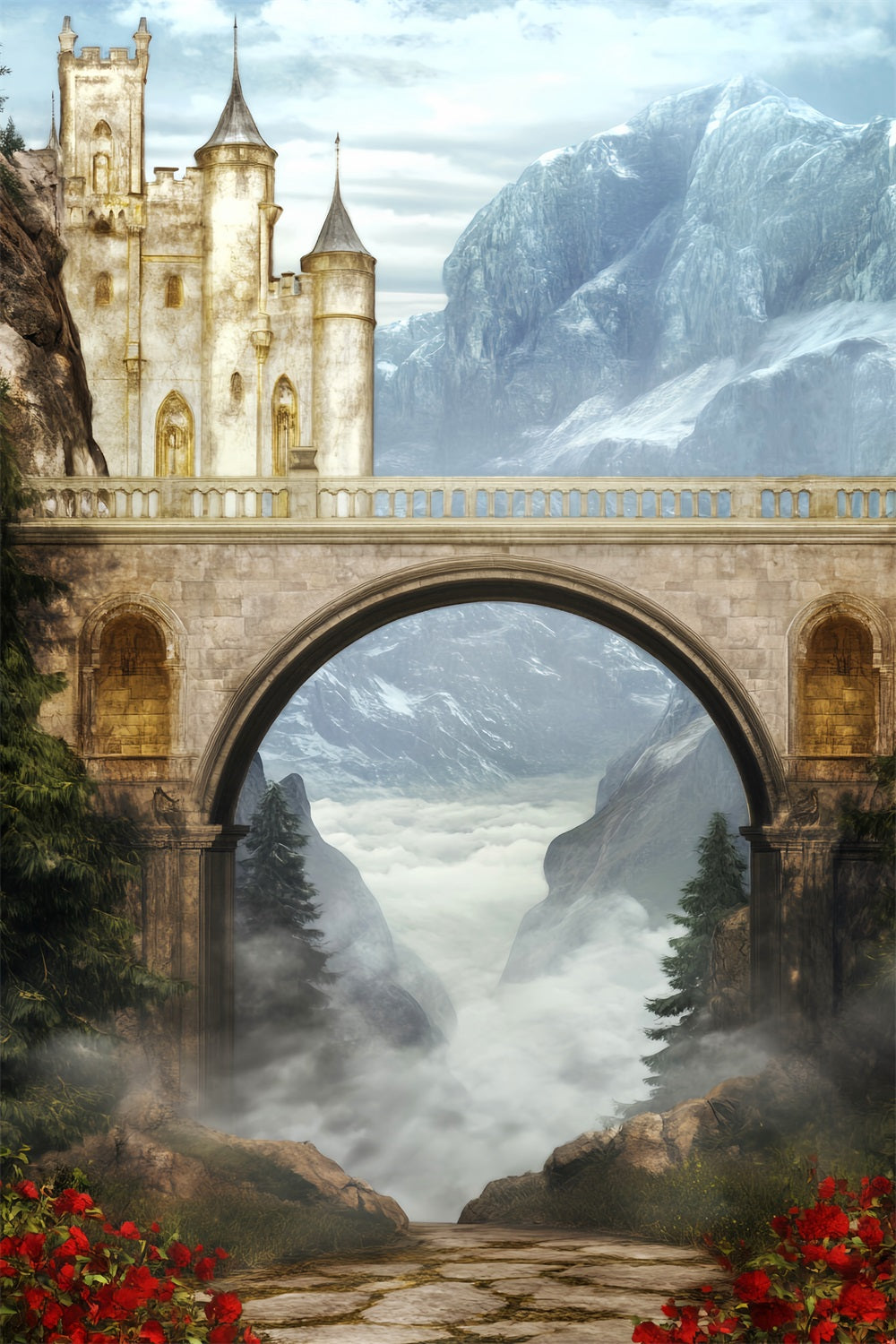 Europa-Fotohintergrund Burg Brücke Nebliges Tal Paris-Fotohintergrund LXX59-55