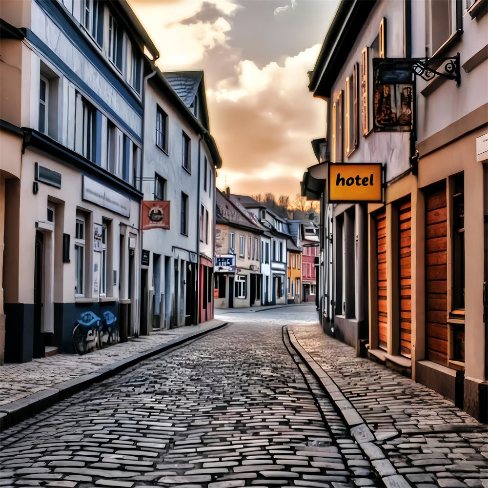 Europa-Fotohintergrund Kopfsteinpflasterstraße Sonnenuntergang Glanz Europäischer Fotohintergrund LXX59-56