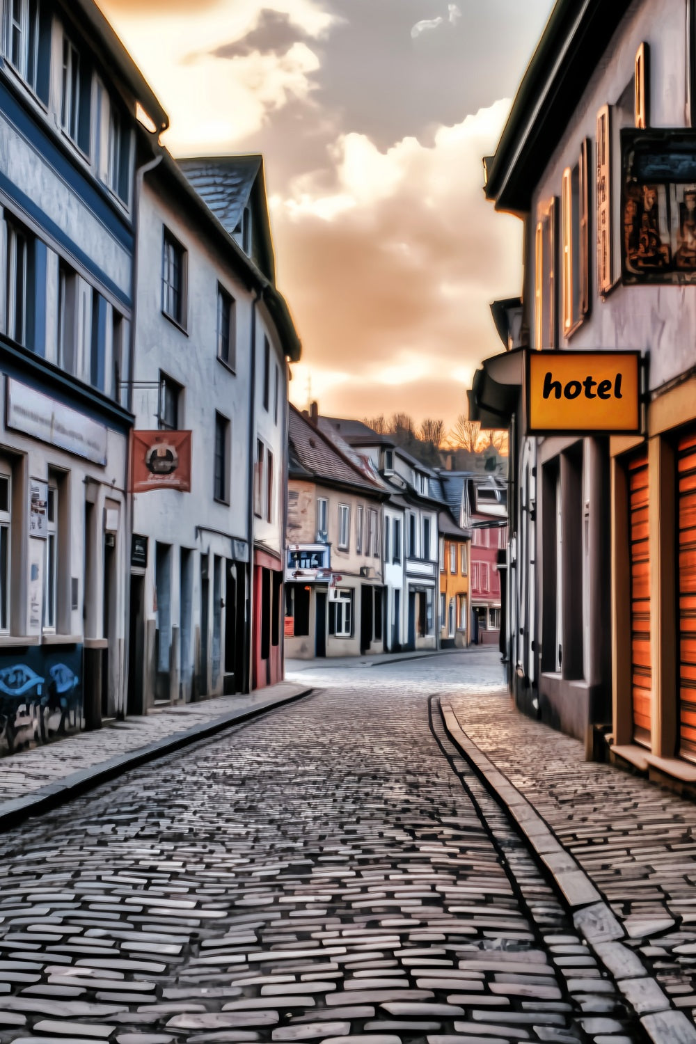 Europa-Fotohintergrund Kopfsteinpflasterstraße Sonnenuntergang Glanz Europäischer Fotohintergrund LXX59-56