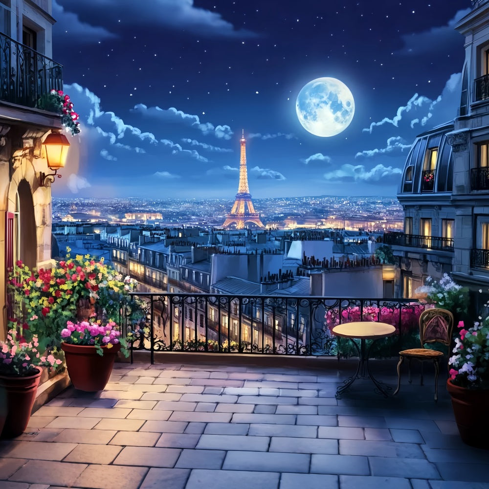 Fotohintergrund „Nacht in Paris“ Balkon Mondlicht Eiffelturm Fotohintergrund Paris LXX59-59
