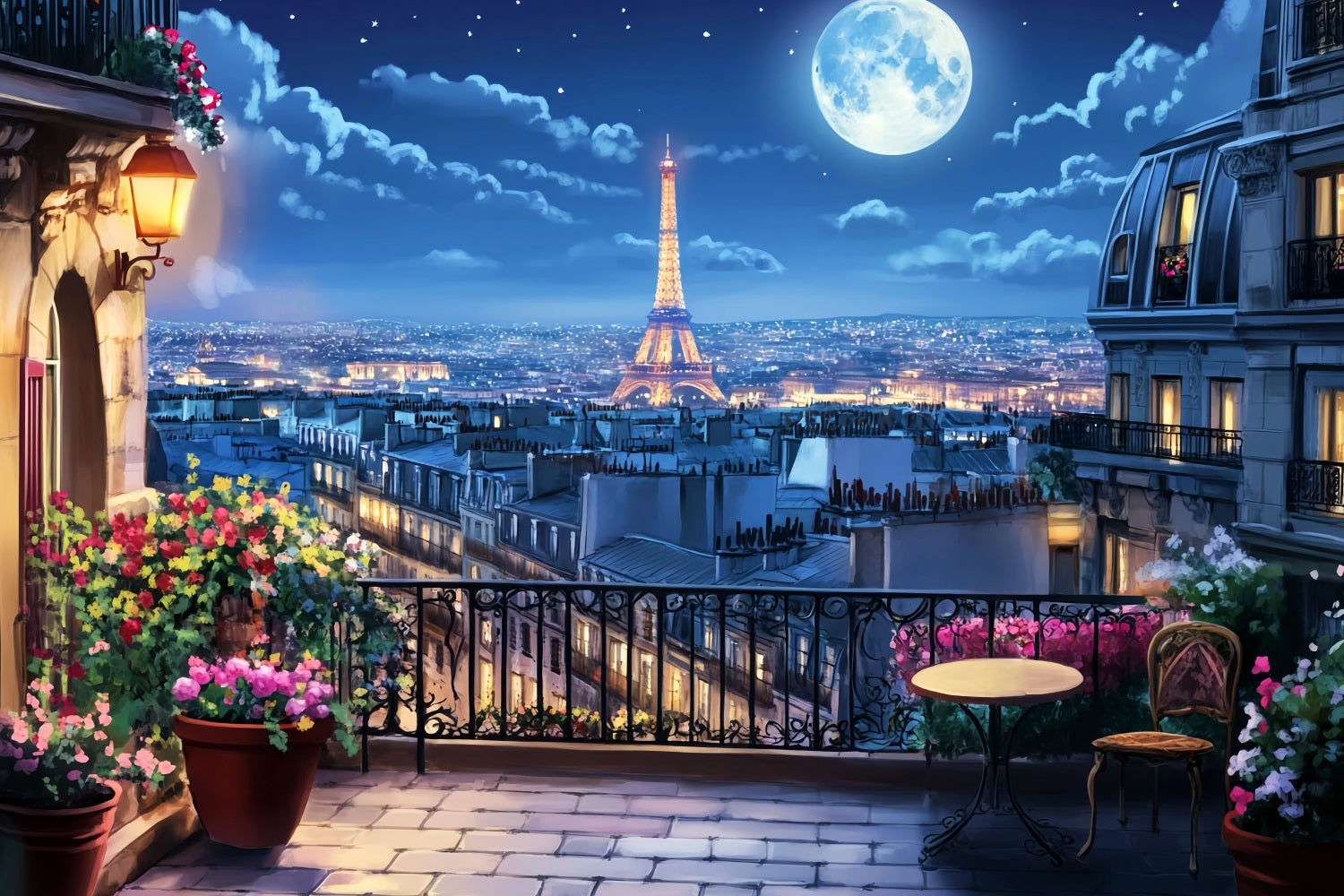 Fotohintergrund „Nacht in Paris“ Balkon Mondlicht Eiffelturm Fotohintergrund Paris LXX59-59