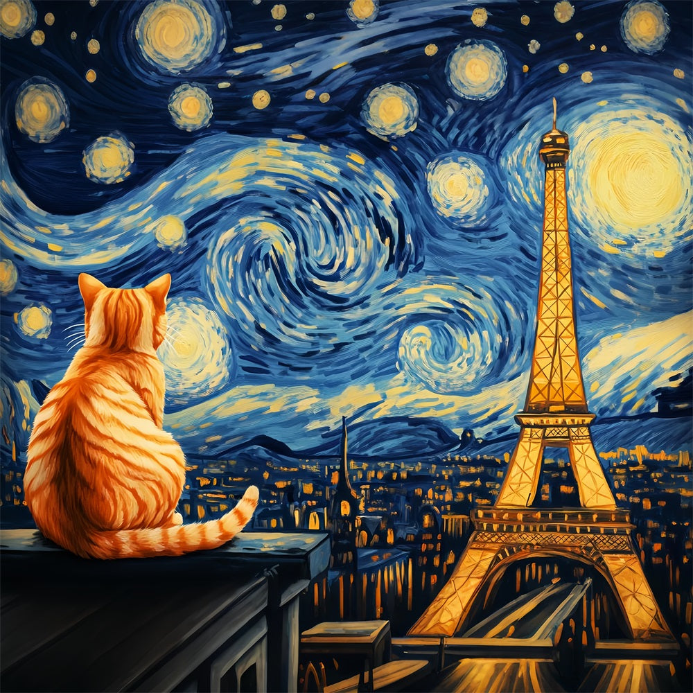 Paris-Fotohintergrund Sternennacht Katze mit Blick auf den Eiffelturm Paris-Fotohintergrund LXX59-61