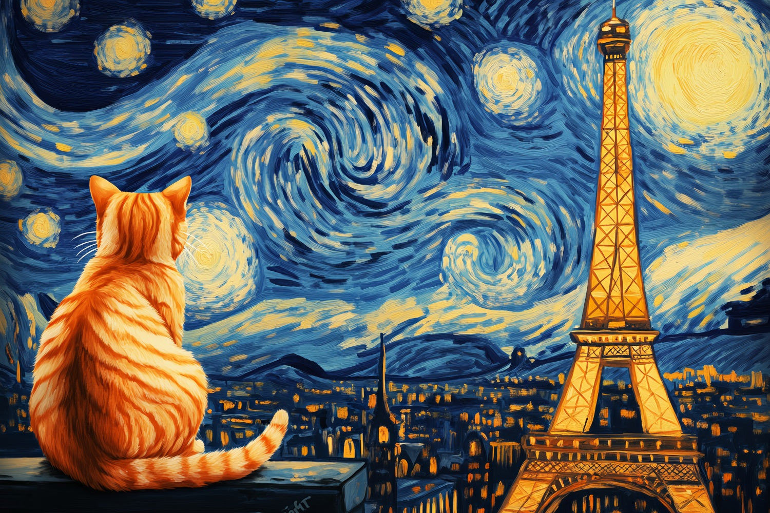 Paris-Fotohintergrund Sternennacht Katze mit Blick auf den Eiffelturm Paris-Fotohintergrund LXX59-61