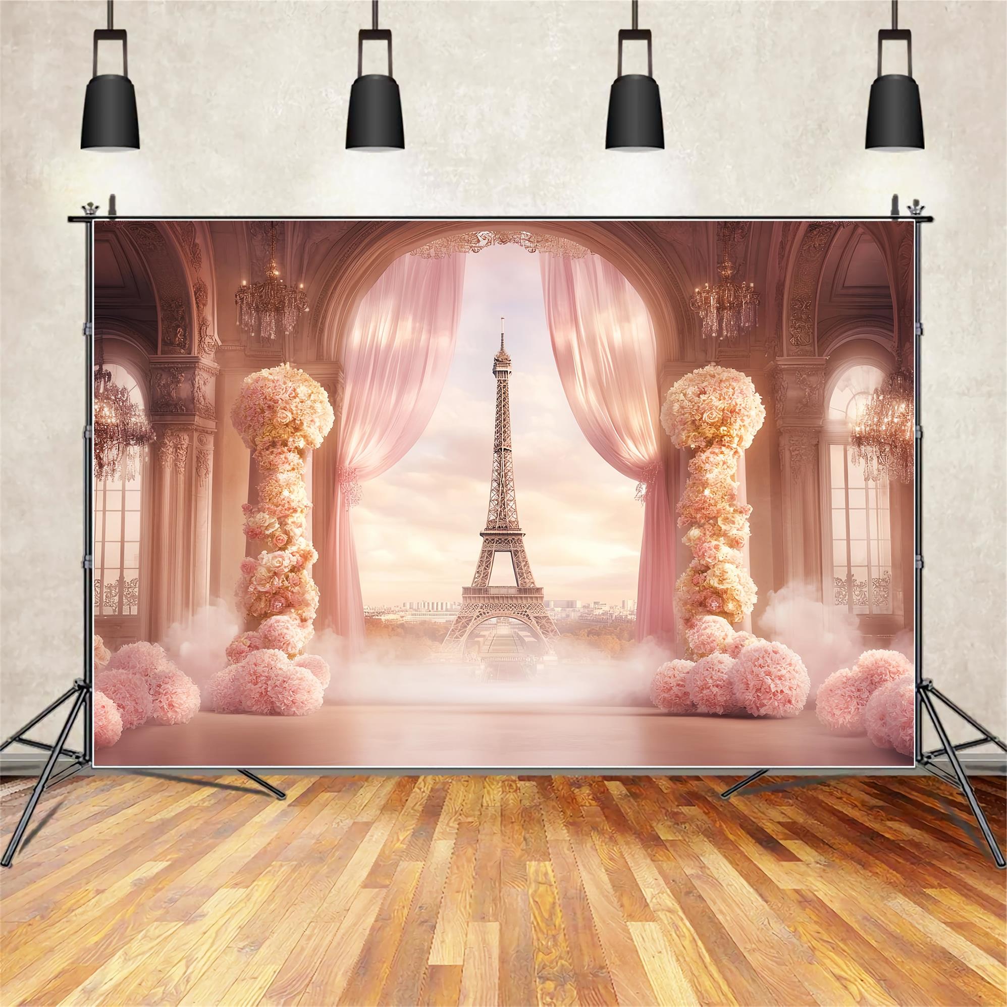 Eine Nacht in Paris Fotohintergrund Ballsaal Blumengardinen Eiffelturm Paris-Fotohintergrund LXX59-64