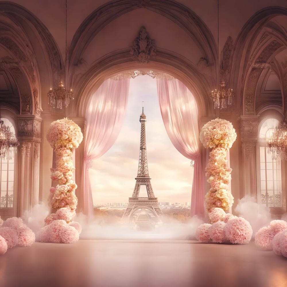 Eine Nacht in Paris Fotohintergrund Ballsaal Blumengardinen Eiffelturm Paris-Fotohintergrund LXX59-64