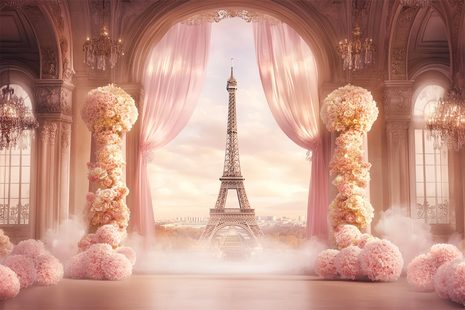 Eine Nacht in Paris Fotohintergrund Ballsaal Blumengardinen Eiffelturm Paris-Fotohintergrund LXX59-64