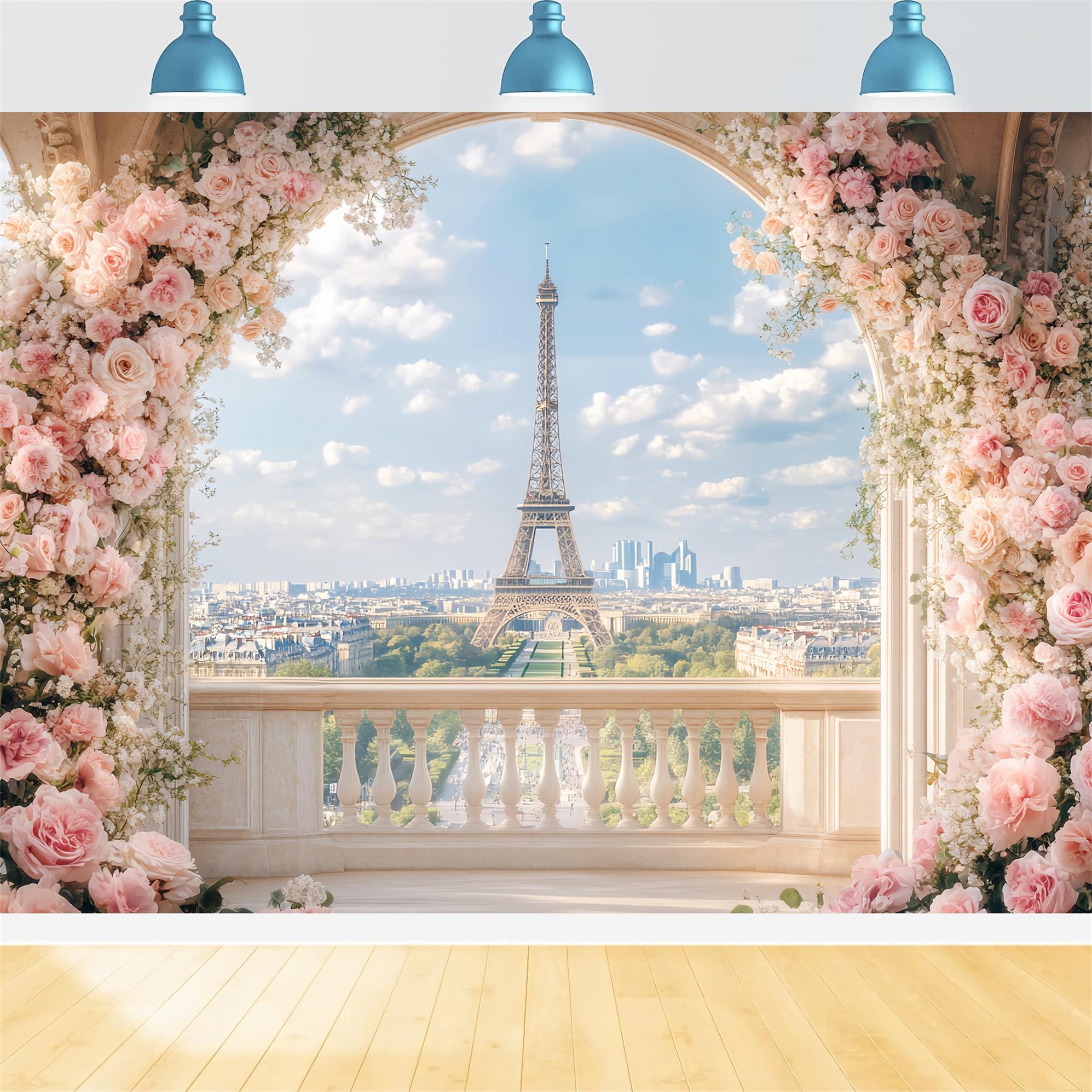 Paris Hintergründe Romantischer Blumenbalkon Blick Eiffelturm Paris Fotohintergrund LXX59-66