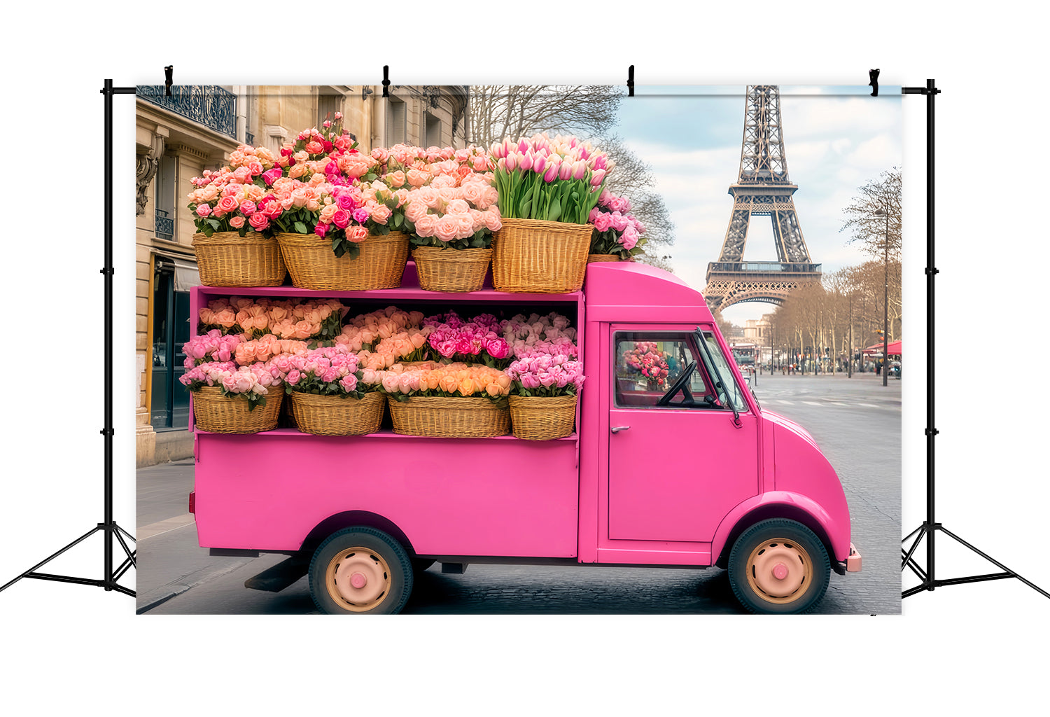 Paris-Kulissen Rosa Blumenwagen Eiffelturm Paris-Kulisse LXX59-73