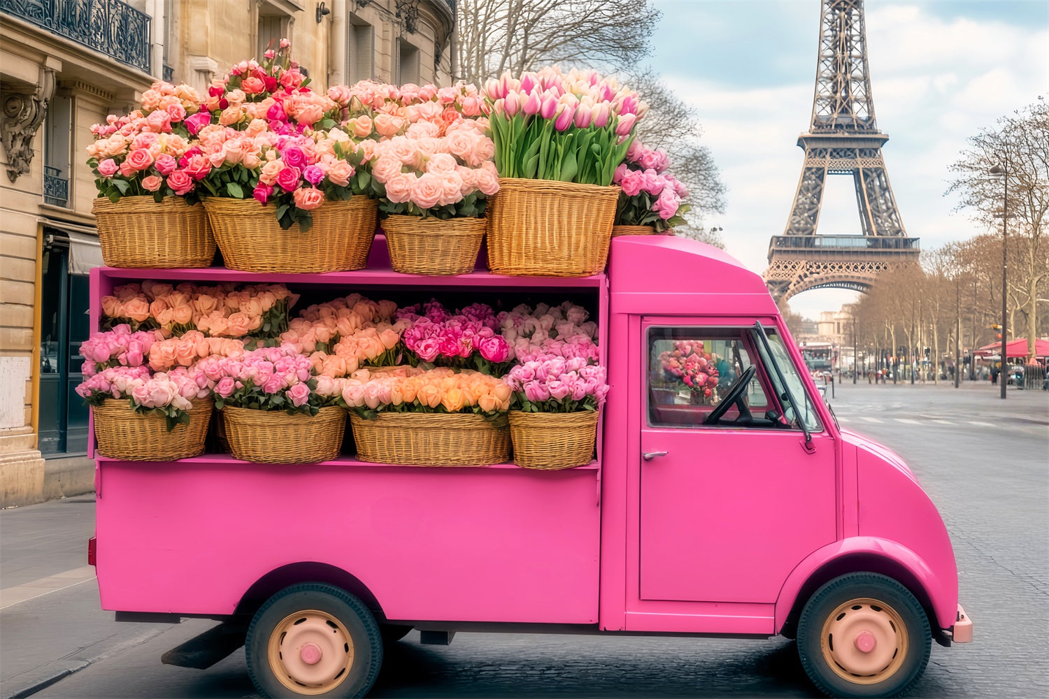 Paris-Kulissen Rosa Blumenwagen Eiffelturm Paris-Kulisse LXX59-73