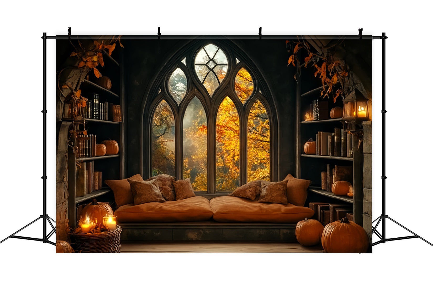 Halloween Fotohintergrund Gemütliches Kürbisfenster Bibliothek Halloween-Fotohintergrund LXX59-80