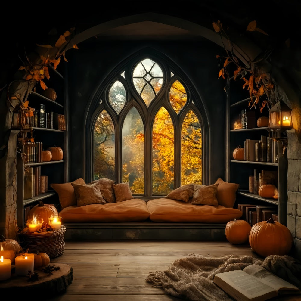 Halloween Fotohintergrund Gemütliches Kürbisfenster Bibliothek Halloween-Fotohintergrund LXX59-80