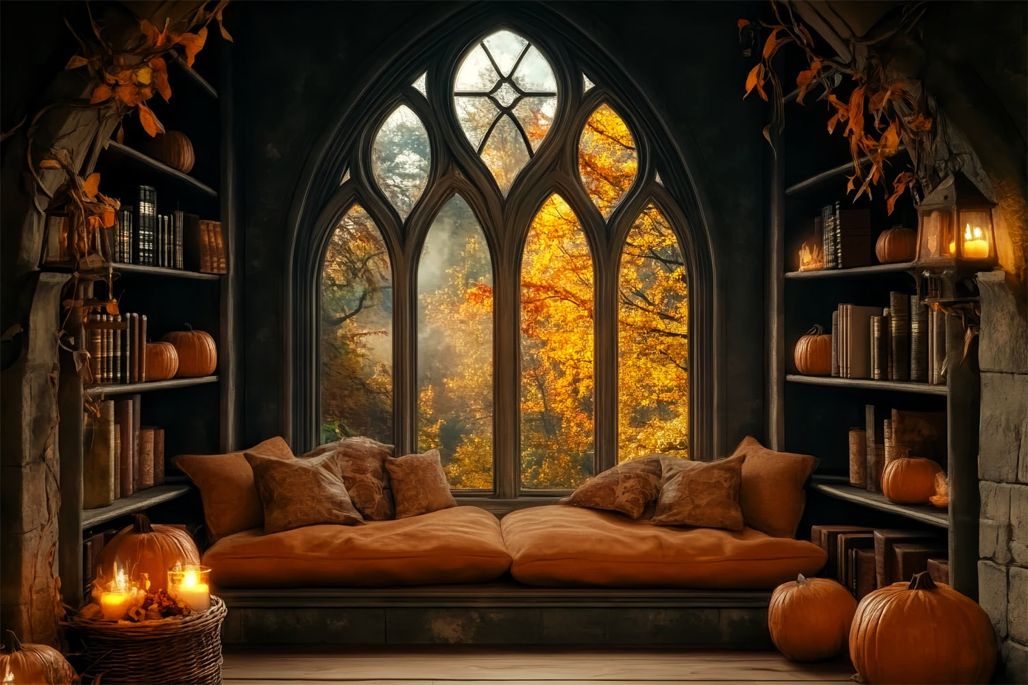 Halloween Fotohintergrund Gemütliches Kürbisfenster Bibliothek Halloween-Fotohintergrund LXX59-80