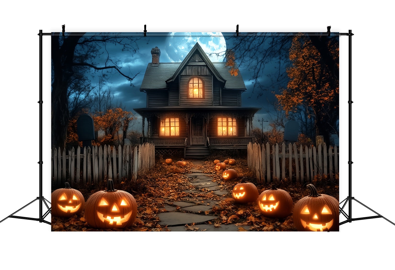 Halloween Mond Fotohintergrund Spukhaus Kürbislaternen Halloween Fotohintergrund LXX59-81
