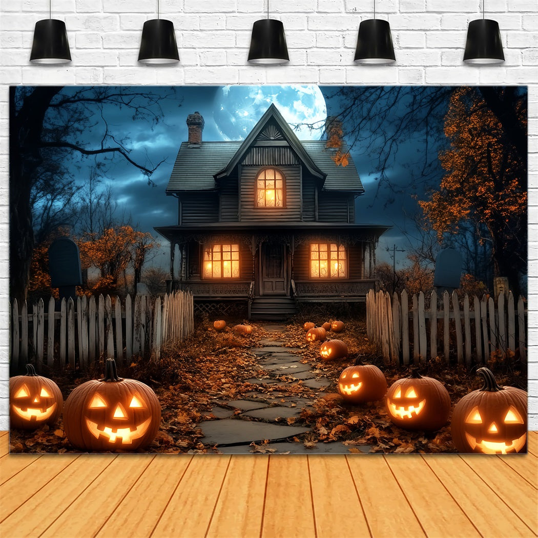 Halloween Mond Fotohintergrund Spukhaus Kürbislaternen Halloween Fotohintergrund LXX59-81