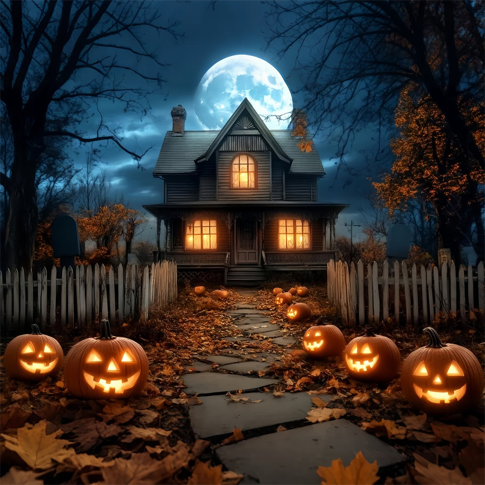 Halloween Mond Fotohintergrund Spukhaus Kürbislaternen Halloween Fotohintergrund LXX59-81