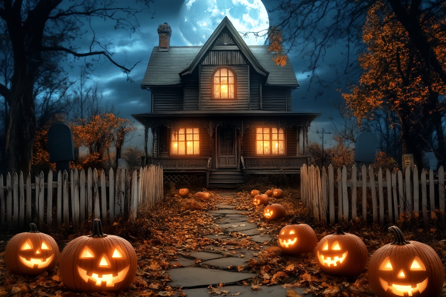 Halloween Mond Fotohintergrund Spukhaus Kürbislaternen Halloween Fotohintergrund LXX59-81