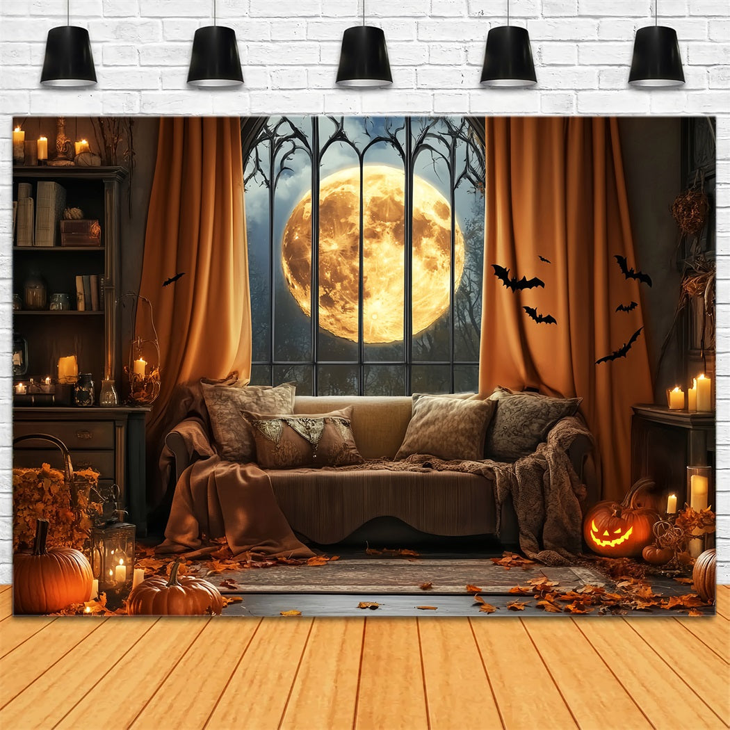 Halloween Fledermaus Fotohintergrund Vollmond Gotisches Fenster Fledermäuse Halloween Fotohintergrundideen LXX59-82