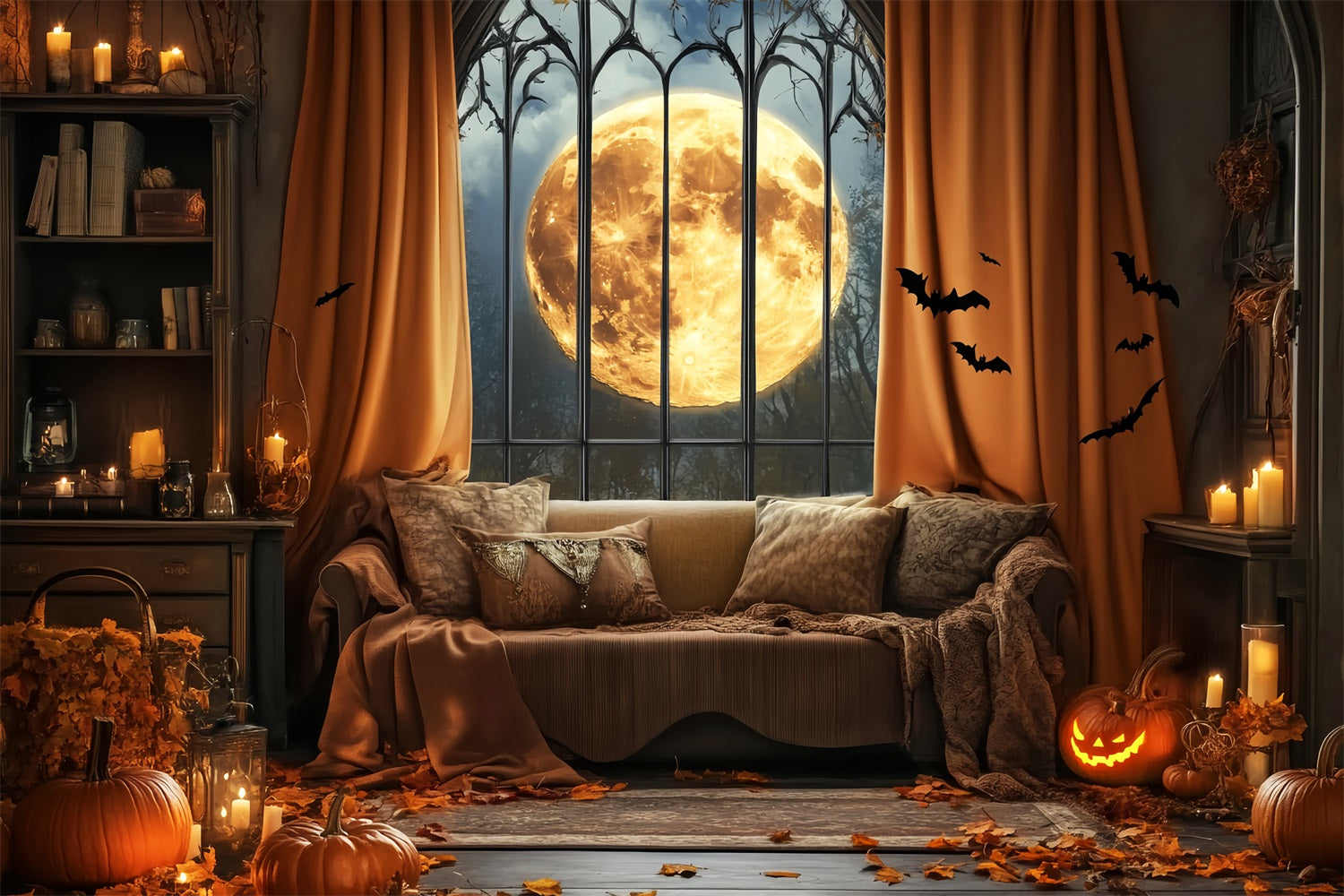 Halloween Fledermaus Fotohintergrund Vollmond Gotisches Fenster Fledermäuse Halloween Fotohintergrundideen LXX59-82