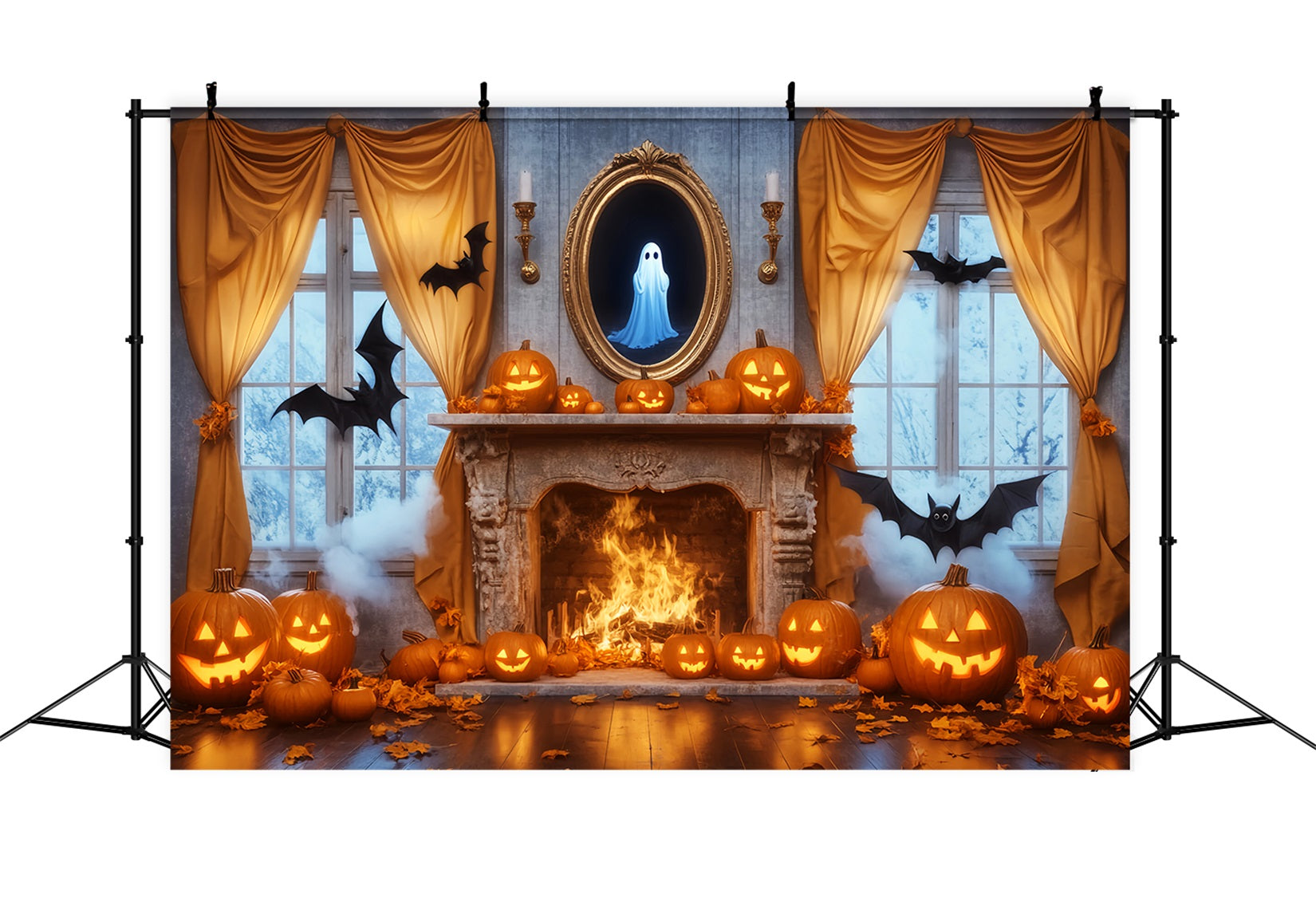Geister Fotohintergrund Spiegel Kamin Kürbisse Geister-Halloween-BildFotohintergrund LXX59-85