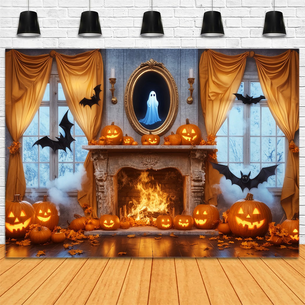Geister Fotohintergrund Spiegel Kamin Kürbisse Geister-Halloween-BildFotohintergrund LXX59-85