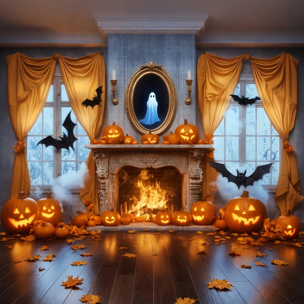 Geister Fotohintergrund Spiegel Kamin Kürbisse Geister-Halloween-BildFotohintergrund LXX59-85