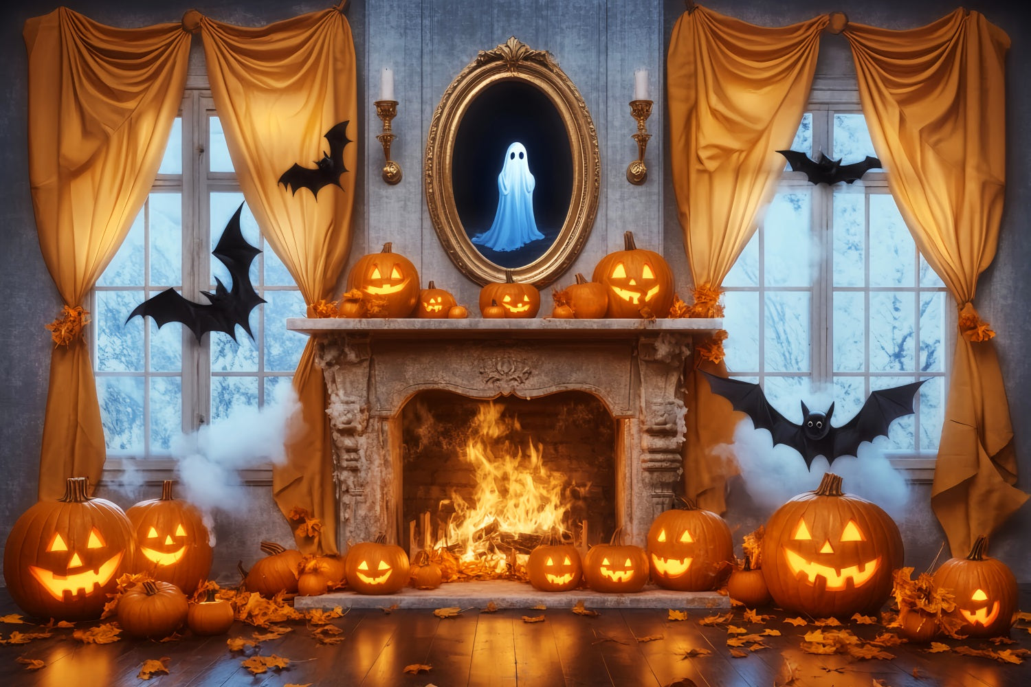 Geister Fotohintergrund Spiegel Kamin Kürbisse Geister-Halloween-BildFotohintergrund LXX59-85