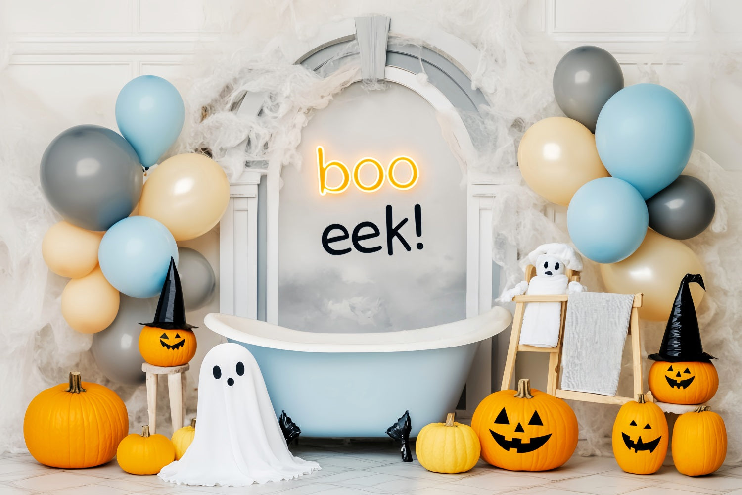 Geister Fotohintergrund Kürbisse Geister-Ballons Badewanne Niedlicher Halloween Fotohintergrund LXX59-86
