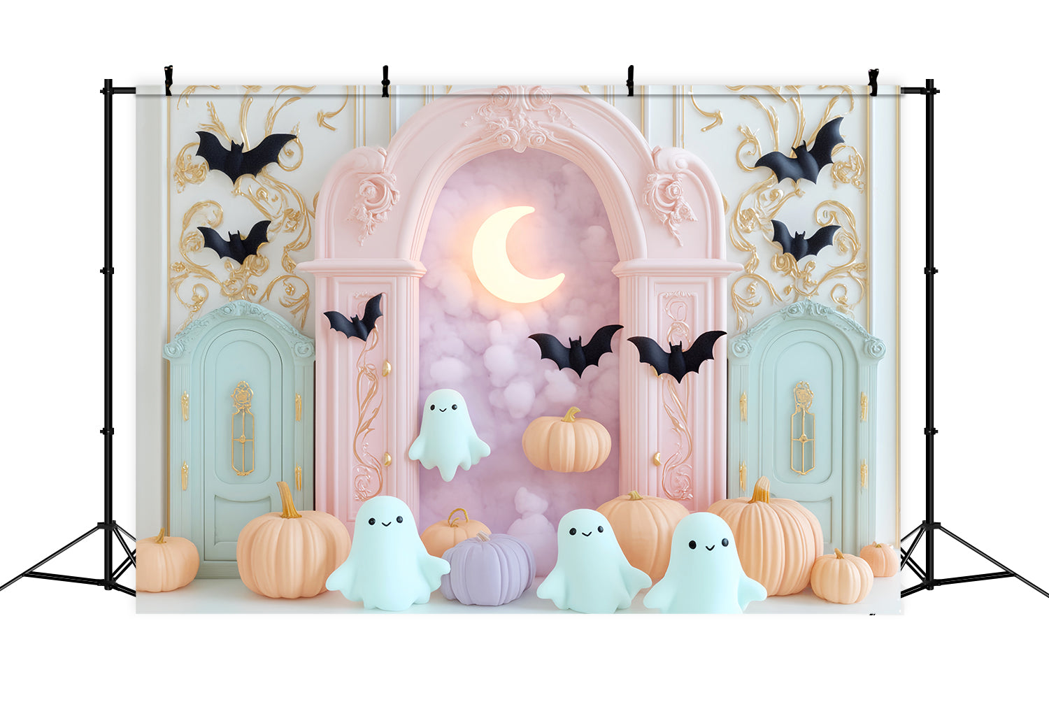 Halloween Geister Fotohintergrund Pastellfarbener Geist Fledermaus Mond Niedlicher Halloween Fotohintergrund LXX59-89