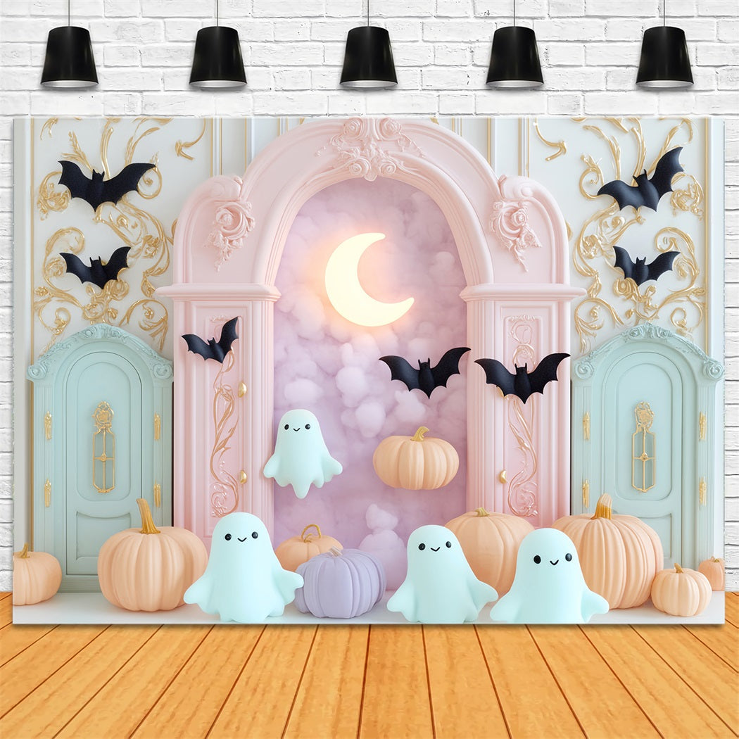 Halloween Geister Fotohintergrund Pastellfarbener Geist Fledermaus Mond Niedlicher Halloween Fotohintergrund LXX59-89
