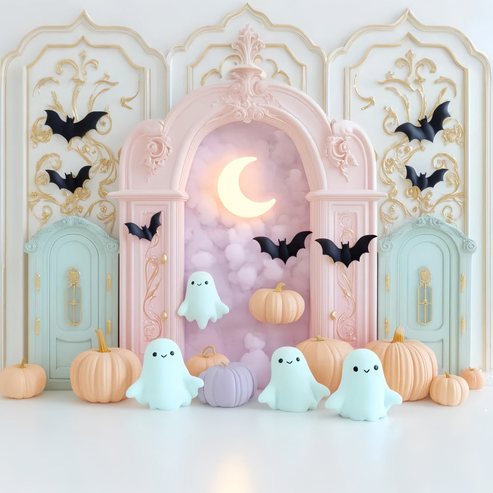 Halloween Geister Fotohintergrund Pastellfarbener Geist Fledermaus Mond Niedlicher Halloween Fotohintergrund LXX59-89